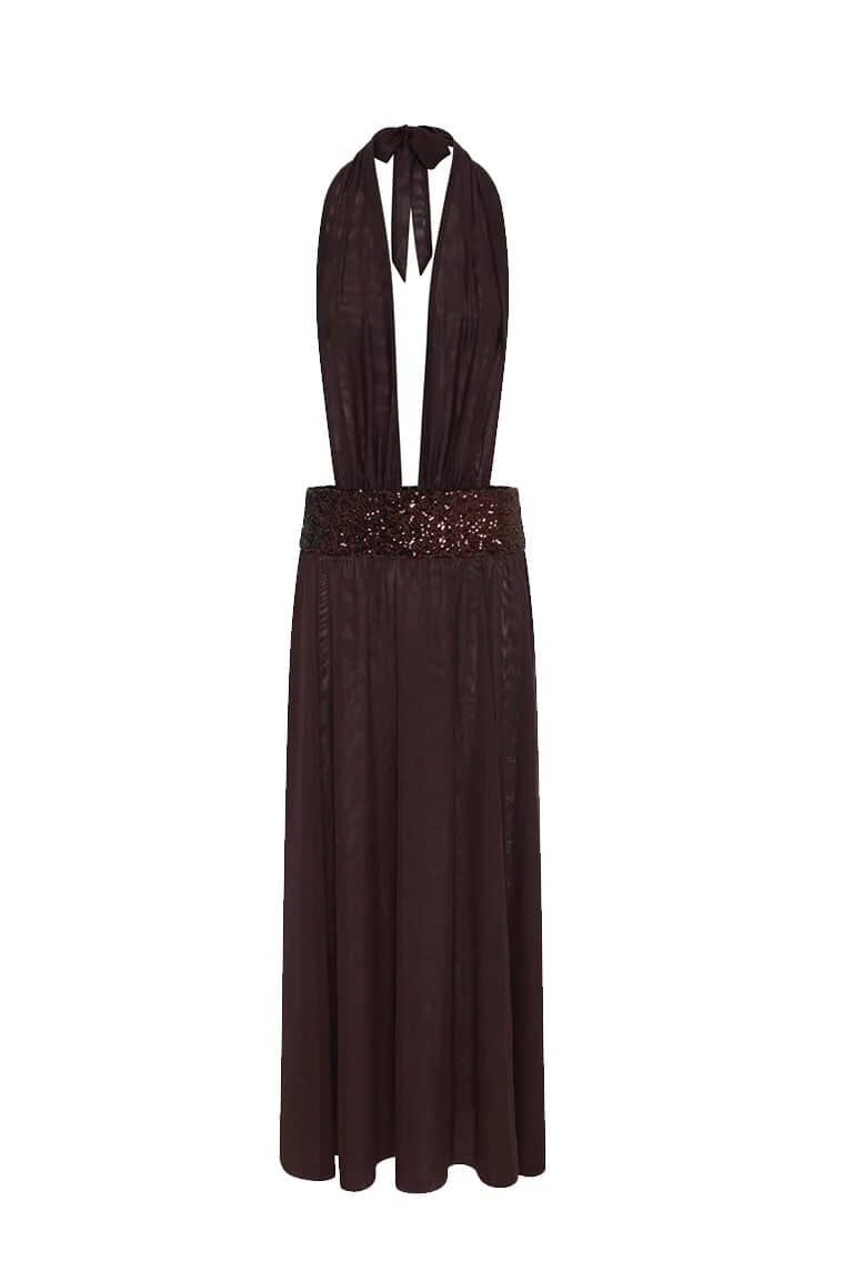 Saboa Studios Alessandra maxi dress in brown with fitted bodice and flowing floor length skirt isolated on transparent background showing full silhouette and structure