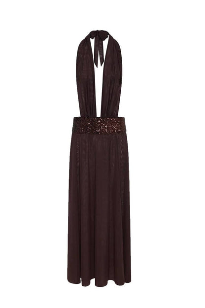Saboa Studios Alessandra maxi dress in brown with fitted bodice and flowing floor length skirt isolated on transparent background showing full silhouette and structure