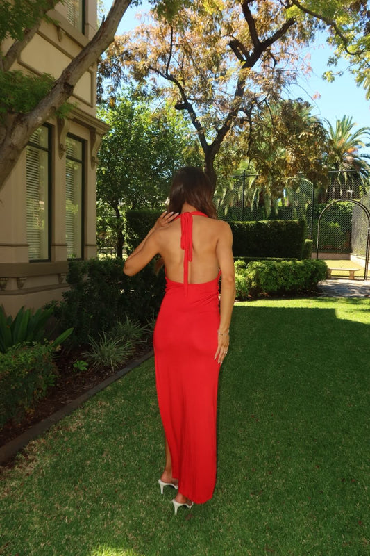 Back view of Saboa Studios Gisele Maxi Dress in red with low open back and adjustable straps