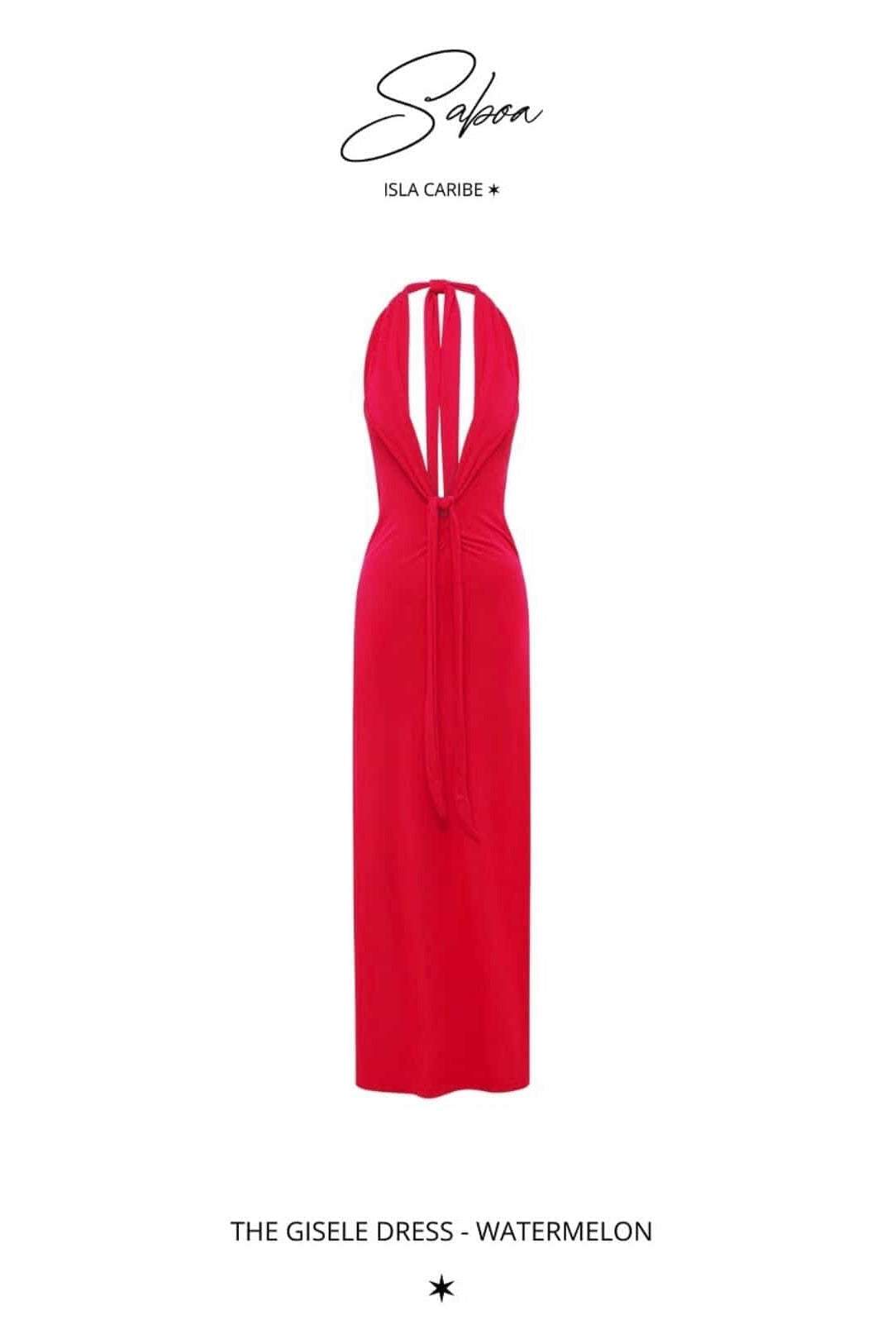 Saboa Studios Gisele maxi dress in red isolated on transparent background showing full fitted silhouette and high split design
