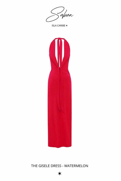 Saboa Studios Gisele maxi dress in red isolated on transparent background showing full fitted silhouette and high split design