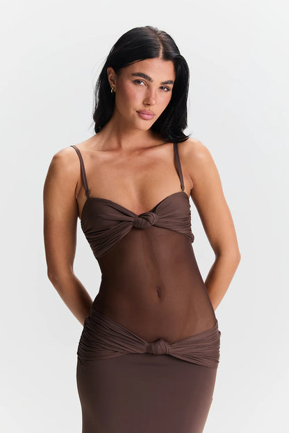 Brown maxi dress with halter neck design, twisted front bodice and body skimming fit with soft stretch fabric