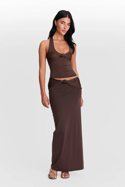 Sasha Therese Mila Maxi Skirt and Top Set in chocolate brown featuring fitted crop top and flowing high waisted maxi skirt with soft stretch fabric and elegant silhouette