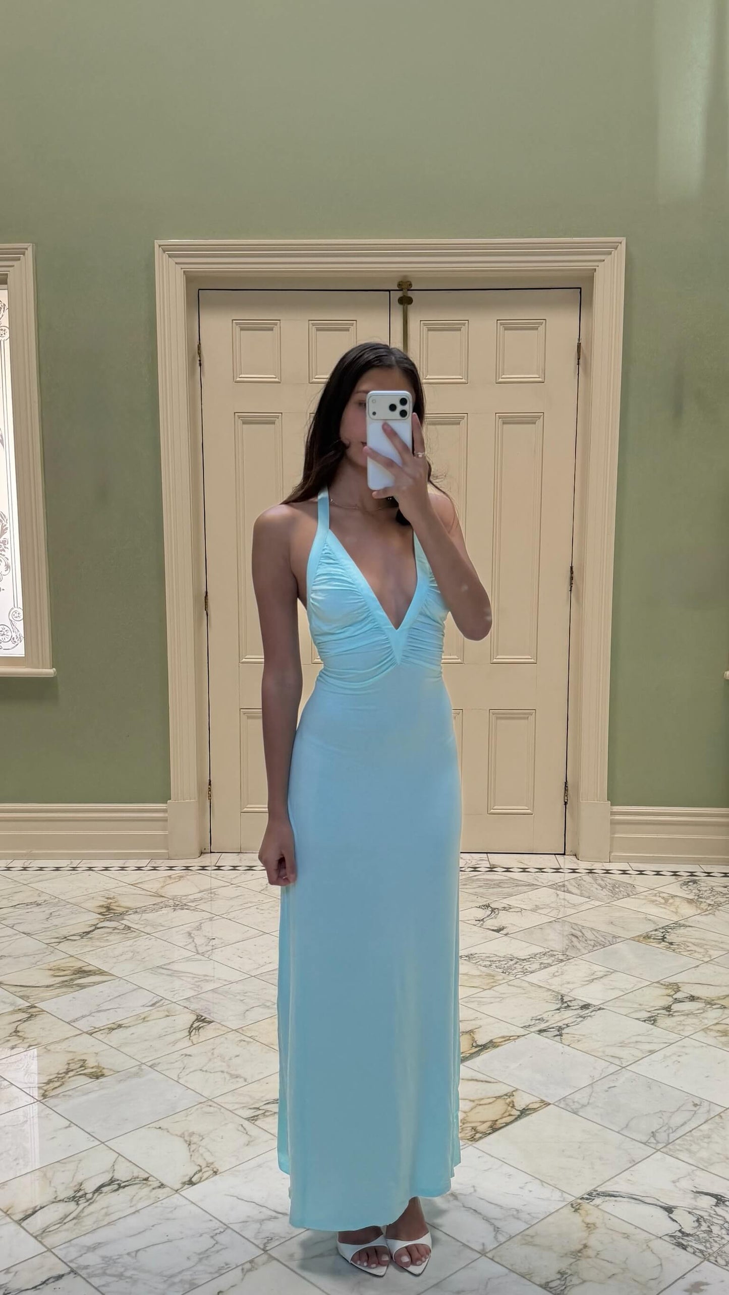 Close-up of the Sola Musa Angelina Maxi Dress in aqua highlighting the neckline, bodice and premium fabric detail