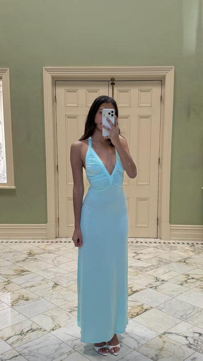 Close-up of the Sola Musa Angelina Maxi Dress in aqua highlighting the neckline, bodice and premium fabric detail