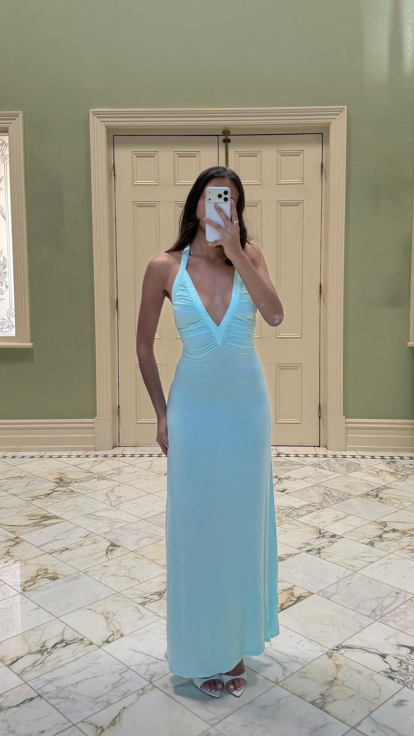 Sola Musa Angelina Maxi Dress in aqua featuring an elegant full-length silhouette and flattering fitted design