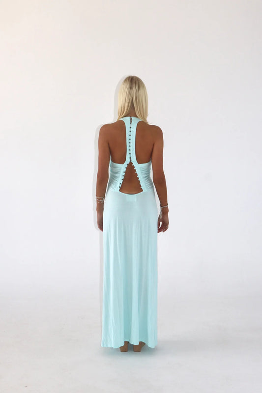 Sola Musa Angelina maxi dress back view in aqua showing racer back design with brushed brass button closure and fitted silhouette