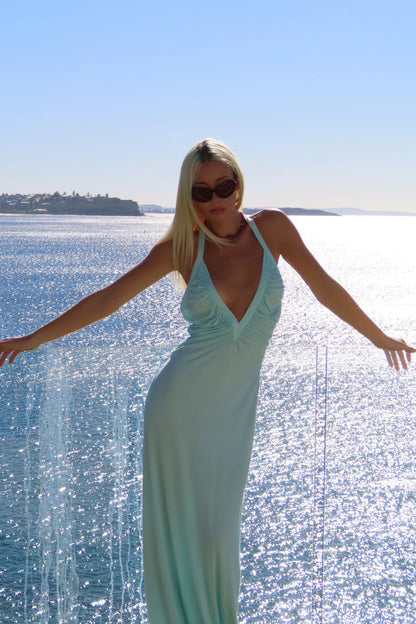Sola Musa Angelina maxi dress in aqua colour fitted jersey dress with ruched bodice and floor length silhouette