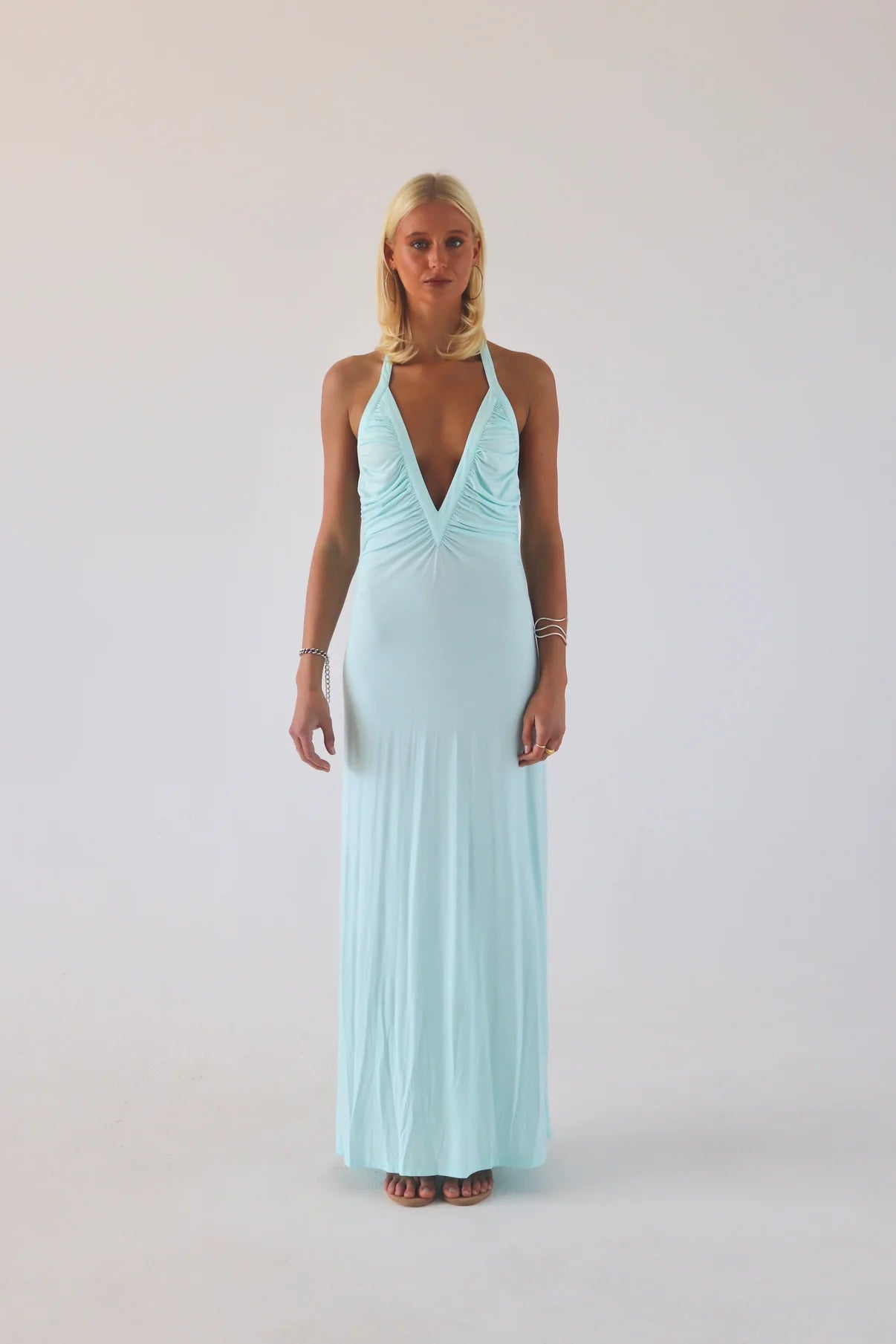 Sola Musa Angelina maxi dress in aqua colour fitted jersey gown with ruched bodice and racer back detail
