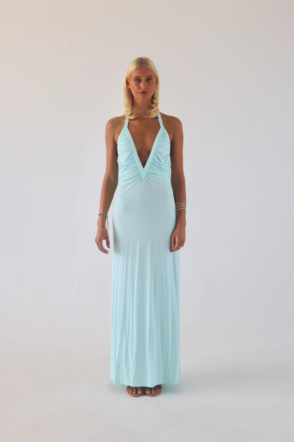 Sola Musa Angelina maxi dress in aqua colour fitted jersey gown with ruched bodice and racer back detail