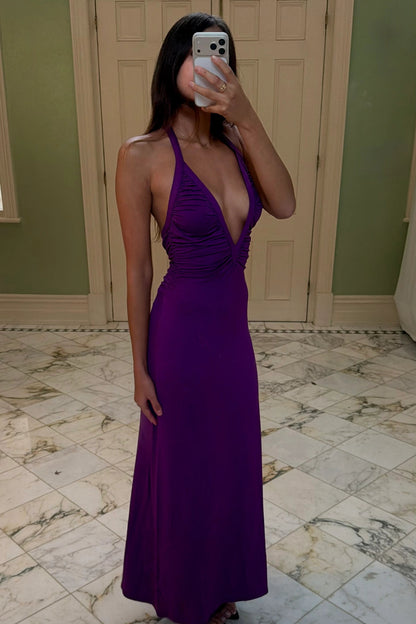 Front view of the Sola Musa Angelina Maxi Dress in purple available for dress hire in Adelaide and Australia featuring a flattering maxi design