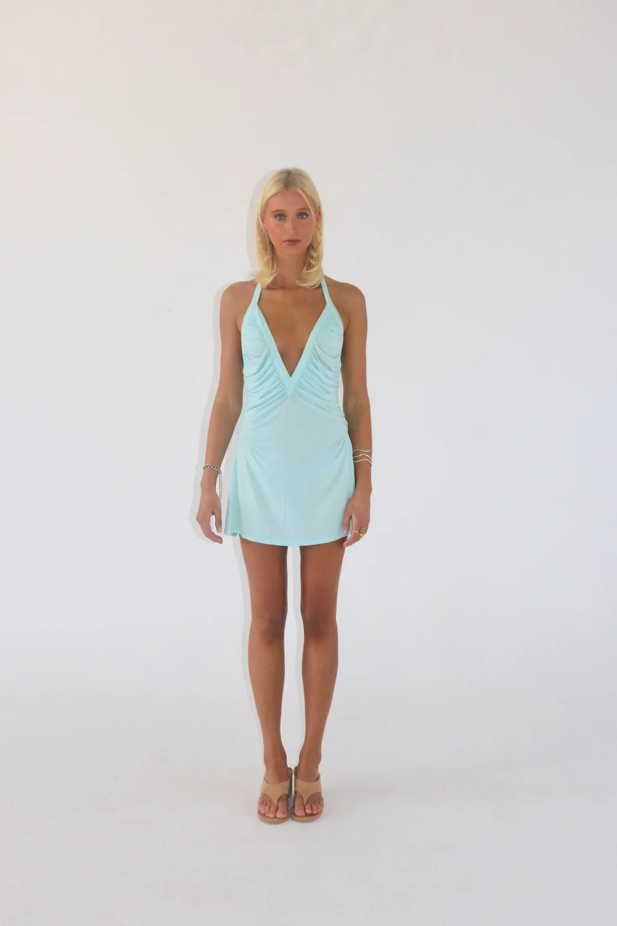 Sola Musa Angelina mini dress in aqua colour fitted jersey dress with ruched bodice and racer back detail
