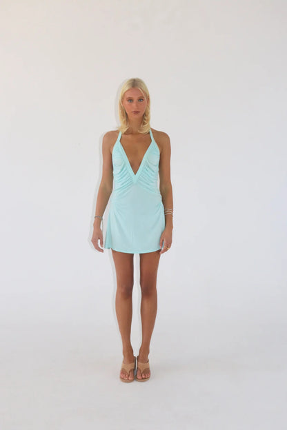 Sola Musa Angelina mini dress in aqua colour fitted jersey dress with ruched bodice and racer back detail