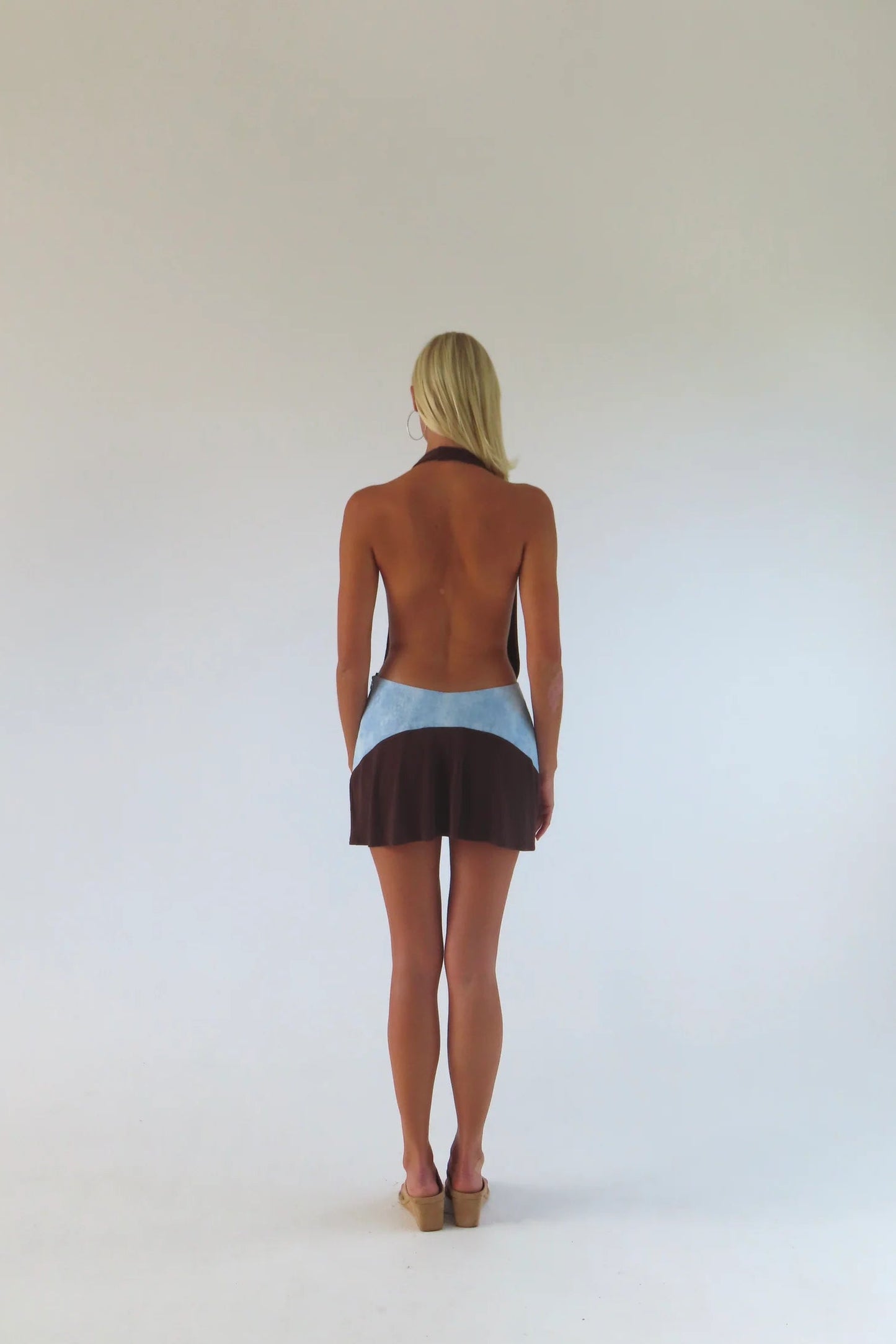 SOLAMUSA Oma Mini Dress in Bruna, back view showing backless design, designer mini dress hire Adelaide Australia