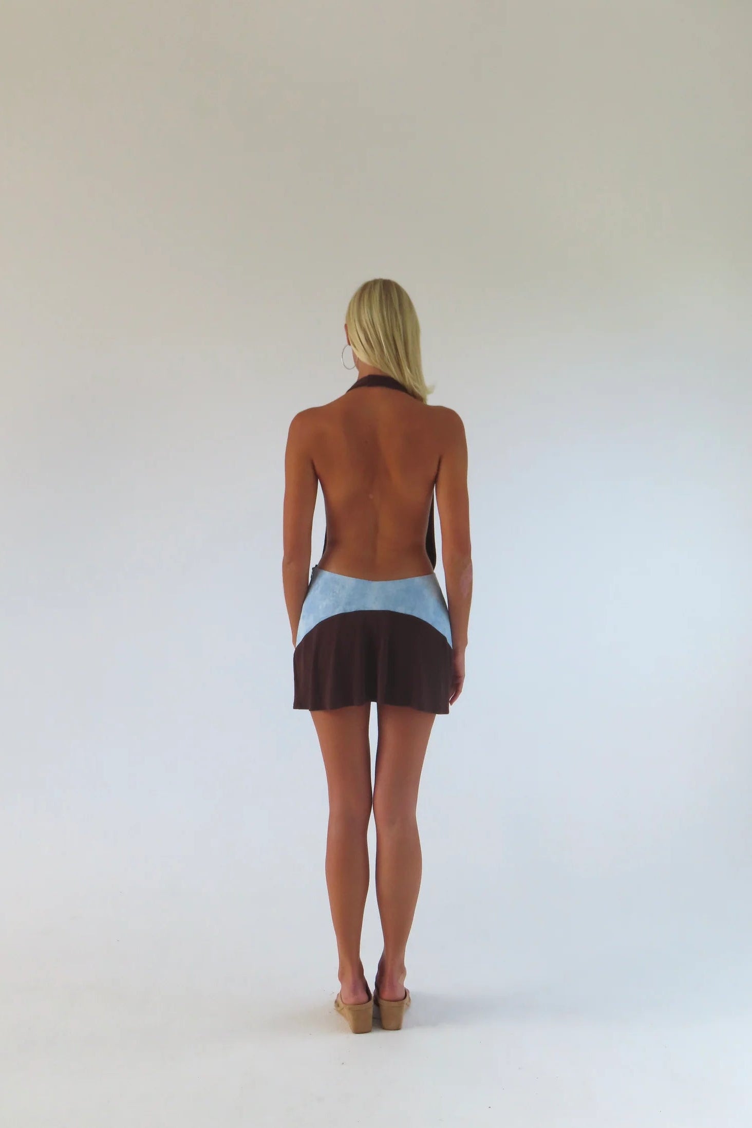 SOLAMUSA Oma Mini Dress in Bruna, back view showing backless design, designer mini dress hire Adelaide Australia