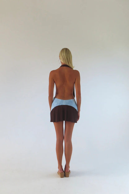 SOLAMUSA Oma Mini Dress in Bruna, back view showing backless design, designer mini dress hire Adelaide Australia
