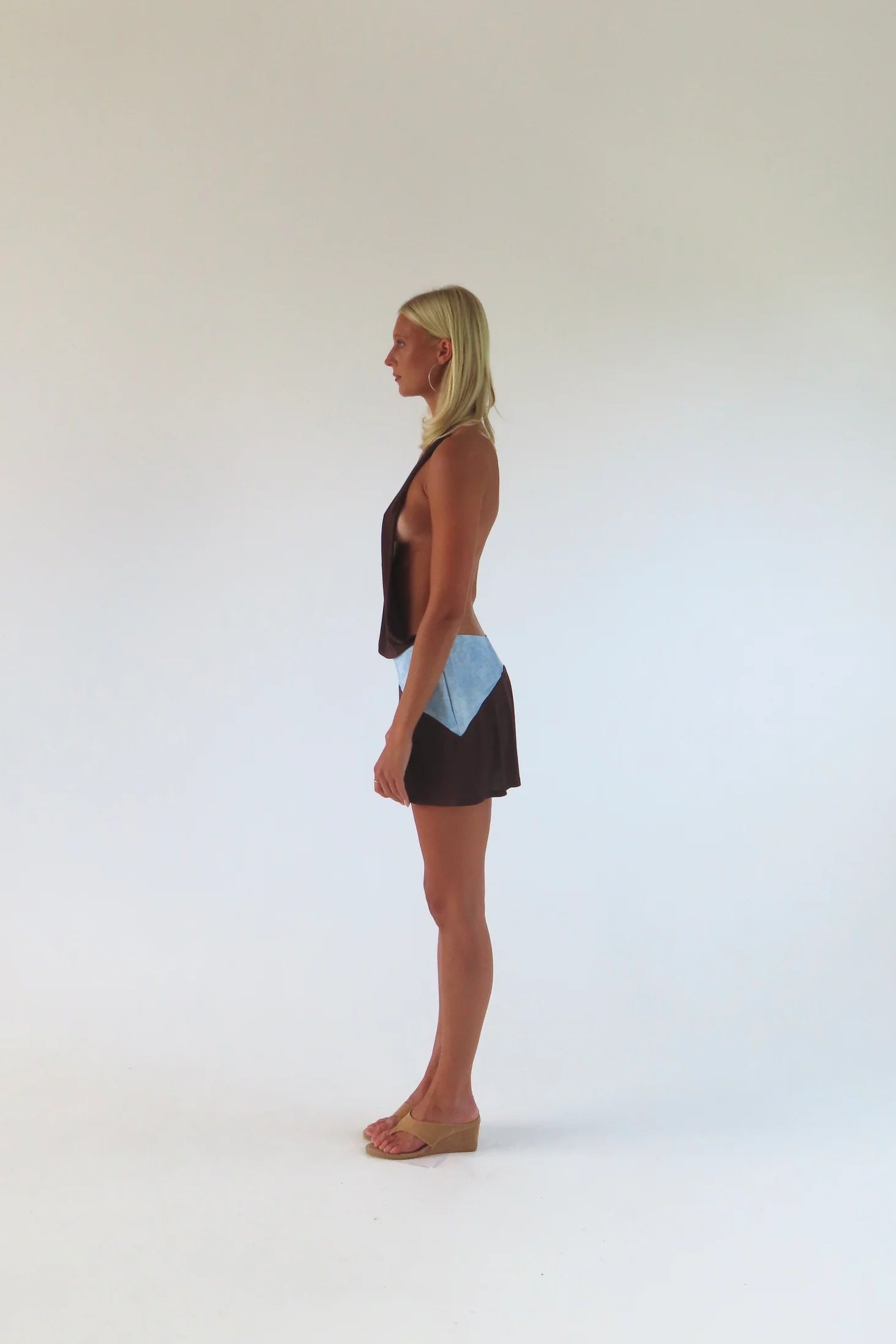 SOLAMUSA Oma Mini Dress in Bruna, side view showing drop waist belt, mini dress hire Adelaide Australia