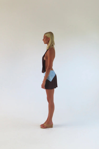 SOLAMUSA Oma Mini Dress in Bruna, side view showing drop waist belt, mini dress hire Adelaide Australia