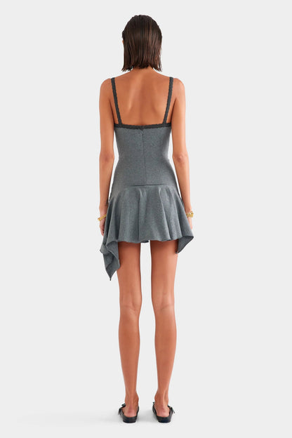 Venroy Jersey Handkerchief Mini Dress in Dark Grey Marl, back view showing invisible zip closure, dress hire Adelaide Australia