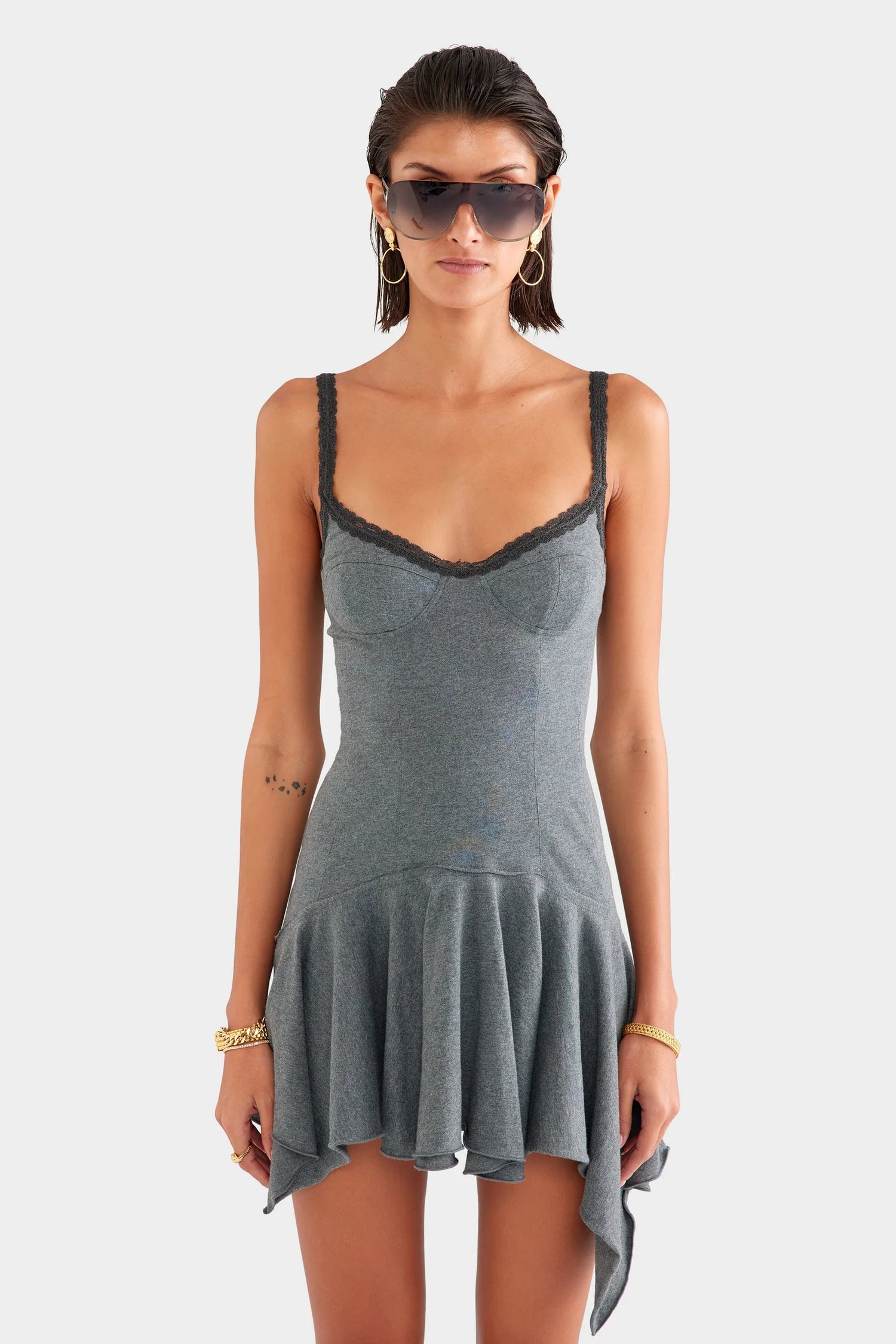 Venroy Jersey Handkerchief Mini Dress in Dark Grey Marl, front view, designer mini dress hire Adelaide Australia