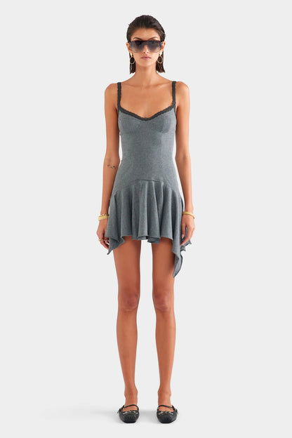 Venroy Jersey Handkerchief Mini Dress in Dark Grey Marl, alternate full front view, designer dress hire Adelaide Australia
