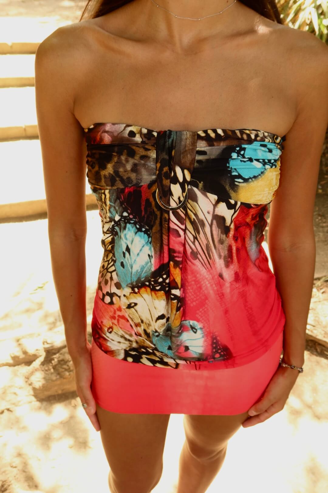 Vintage Butterfly Mini Dress in Multi-Colour, front view, vintage dress hire Adelaide Australia
