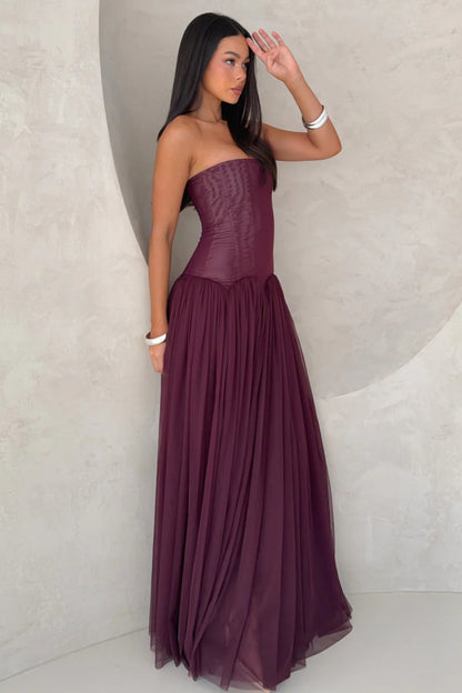 White Fox Magic Muse maxi dress in fig colour strapless formal gown with structured corset bodice and flowing maxi skirt