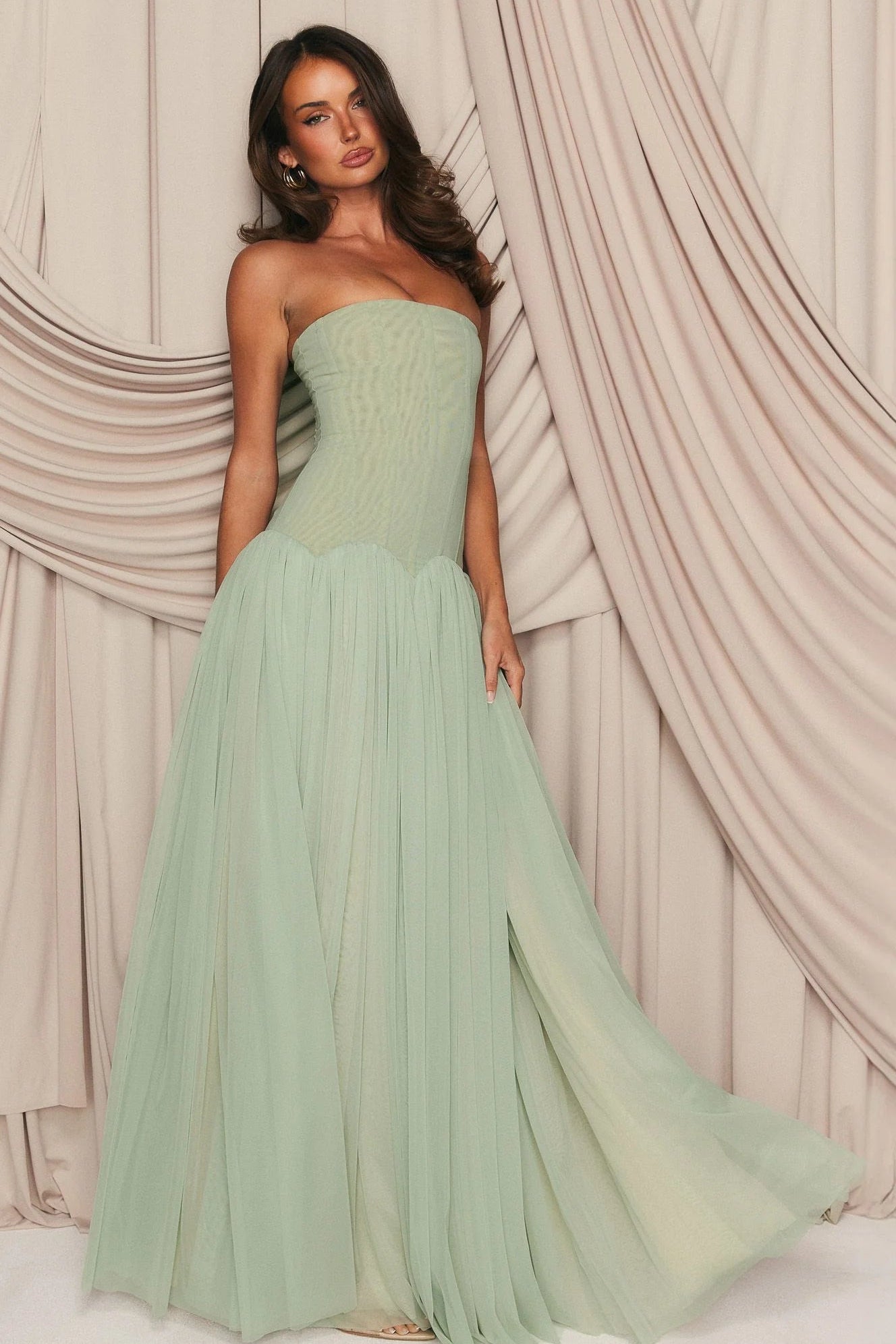 White Fox Magic Muse maxi dress in mint green strapless formal gown with structured corset bodice and flowing maxi skirt