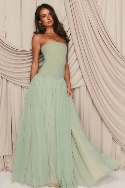 White Fox Magic Muse maxi dress in mint green strapless formal gown with structured corset bodice and flowing maxi skirt