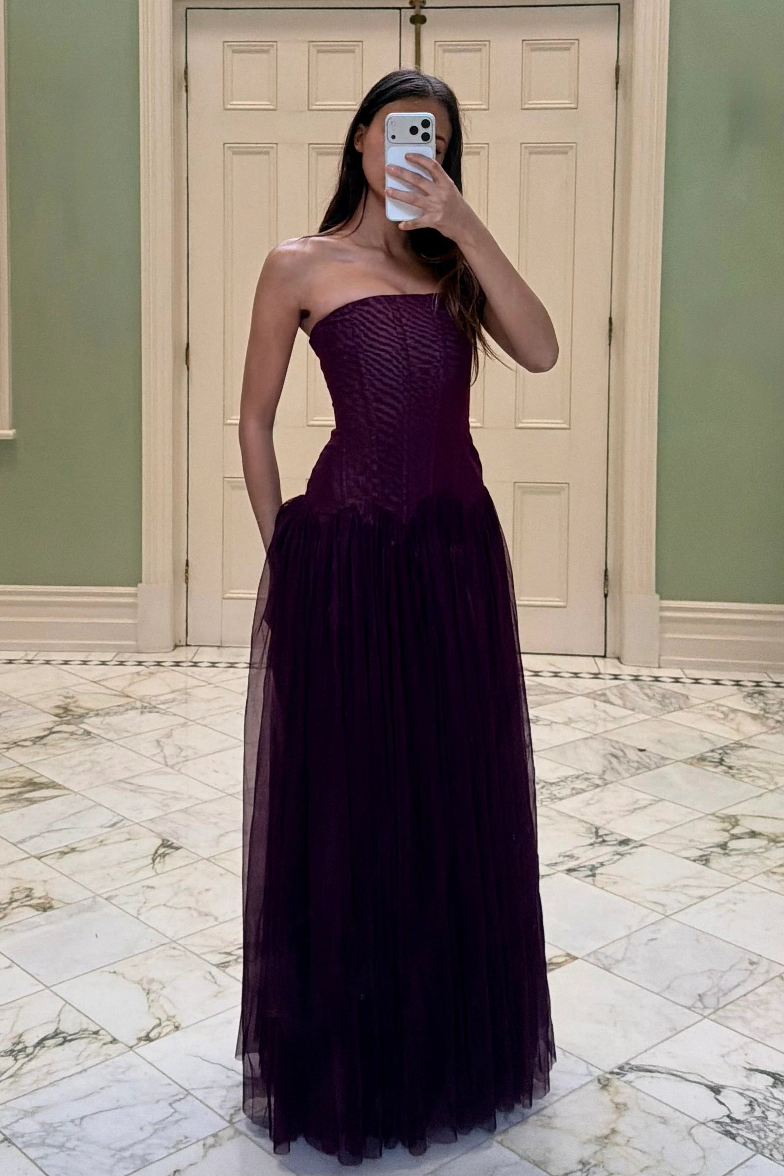 White Fox Magic Muse maxi dress in fig with strapless corset bodice, structured boning and flowing full-length skirt available for dress hire Australia and Adelaide