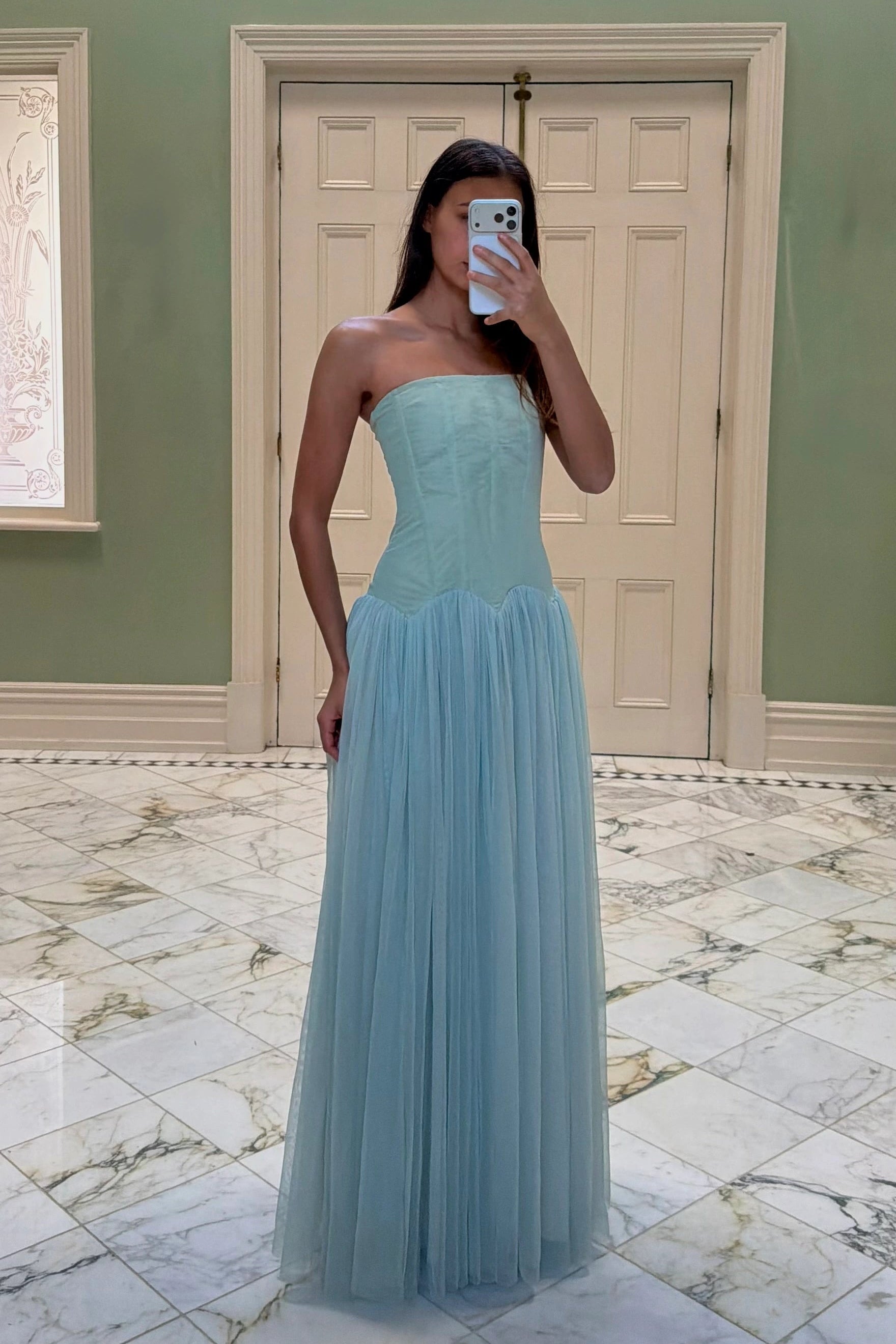 White Fox Magic Muse maxi dress in mint green strapless corset gown available for dress hire Australia adelaide